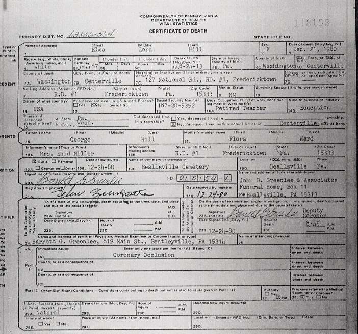 Elma Lora Hill death certificate